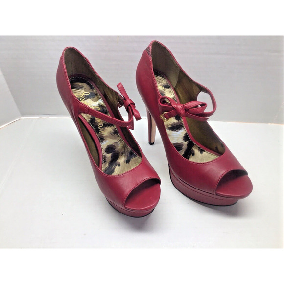 Edelman Red Leather Poppy Stilettos Peep Toe Platform Bow Ankle Strap 7.5 & Box - Picture 2 of 12
